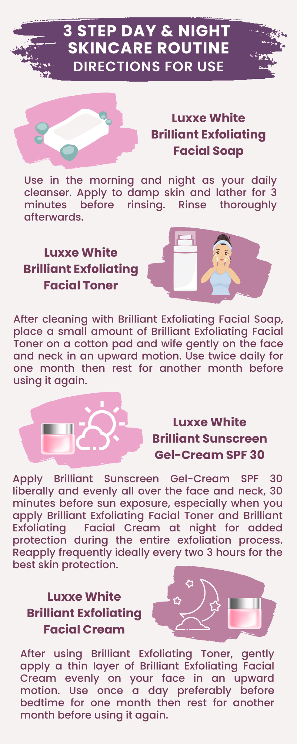 Directions for Use of Frontrow Luxxe White Brilliant Exfoliating Facial Set