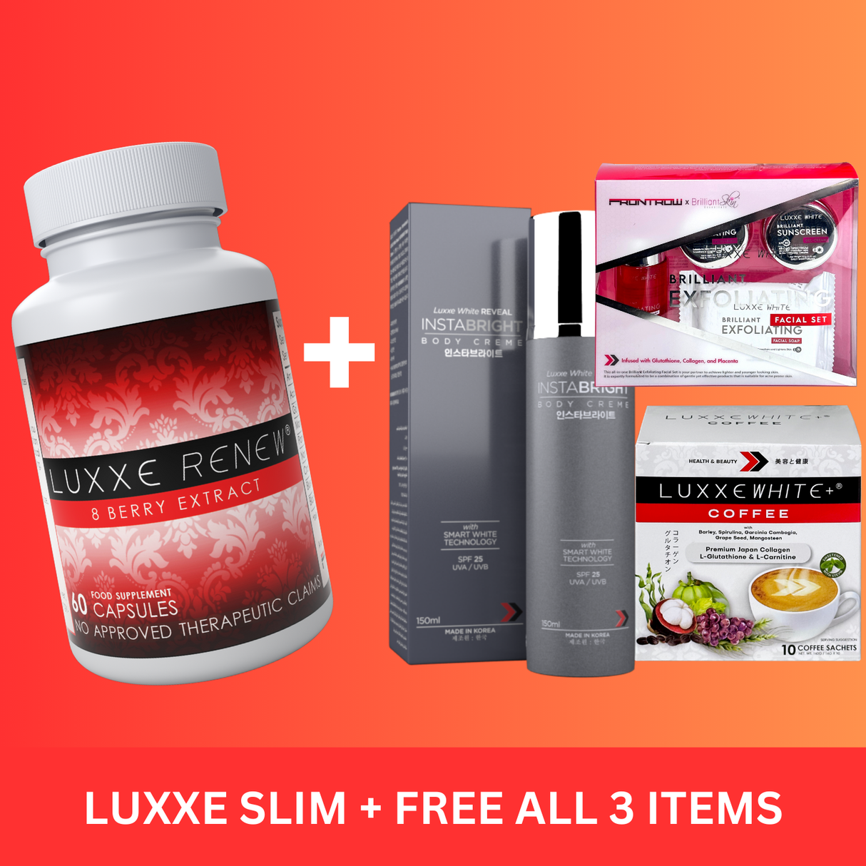 Luxxe Renew + Get Free Instabright, Collagen Coffee, Brilliant Exfoliating Facial Set