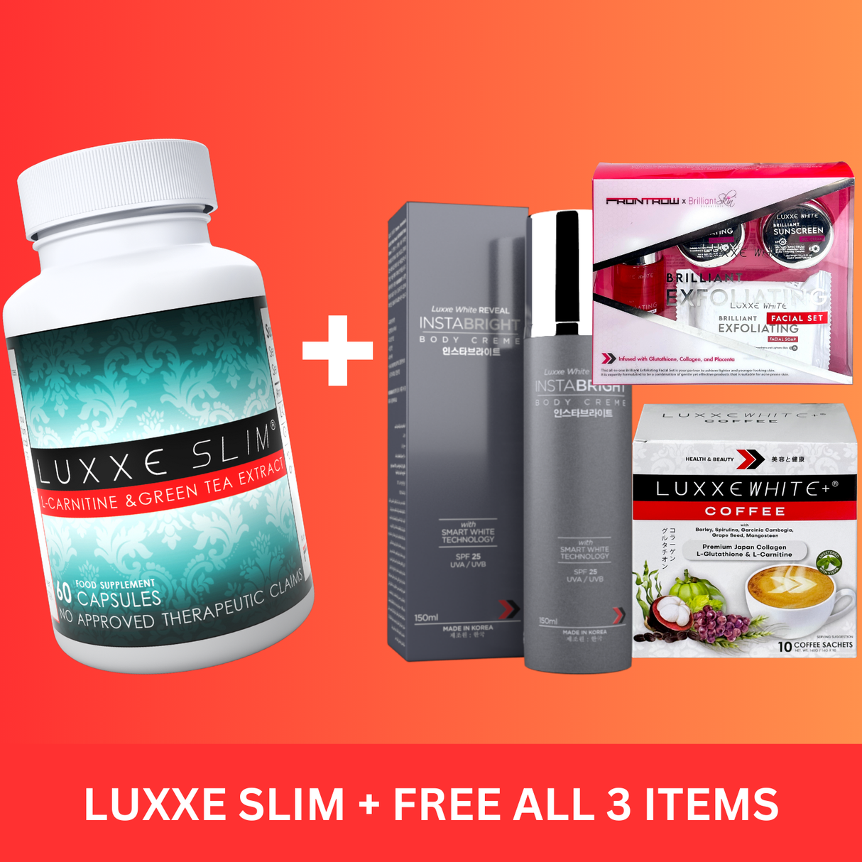 Buy Luxxe Slim + Get Free Instabright, Collagen Coffee, Brilliant Exfoliating Facial Set